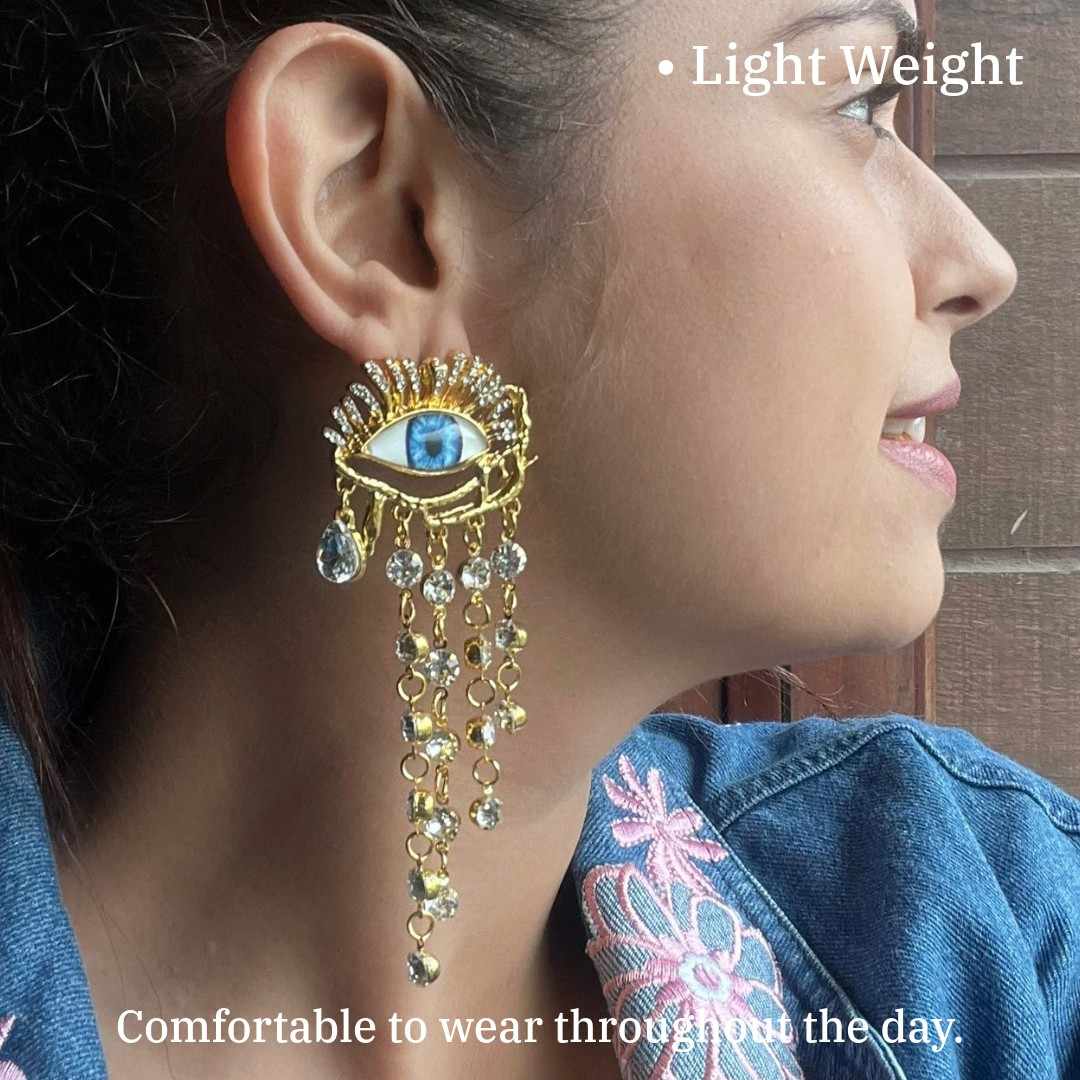 Evil Eye Crystal Dangle Earrings For Women, Gold-Plated, Blue Glass Eye Tassels, Anti Tarnish, Water Resistant, Lightweight, Gift Packaged