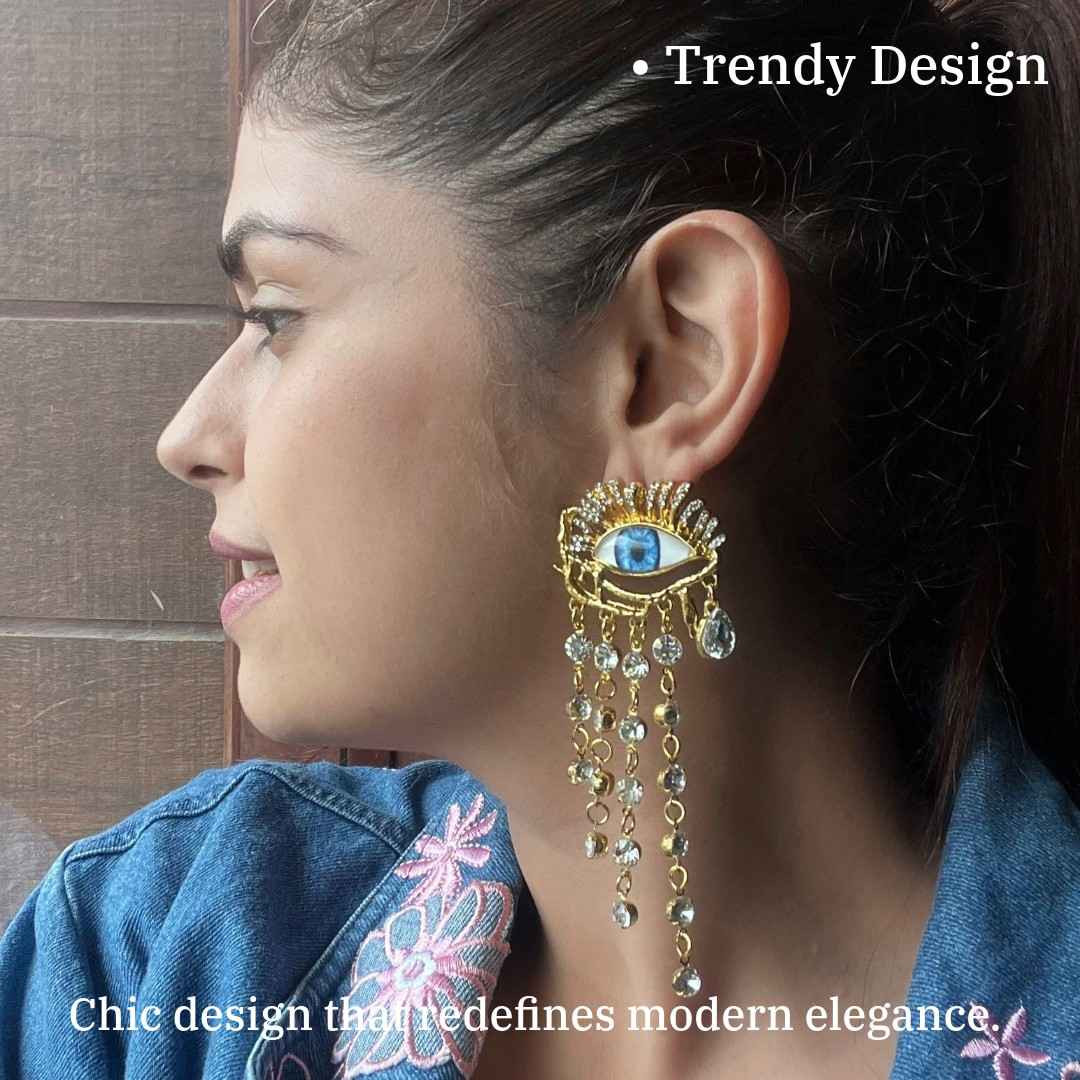 Evil Eye Crystal Dangle Earrings For Women, Gold-Plated, Blue Glass Eye Tassels, Anti Tarnish, Water Resistant, Lightweight, Gift Packaged