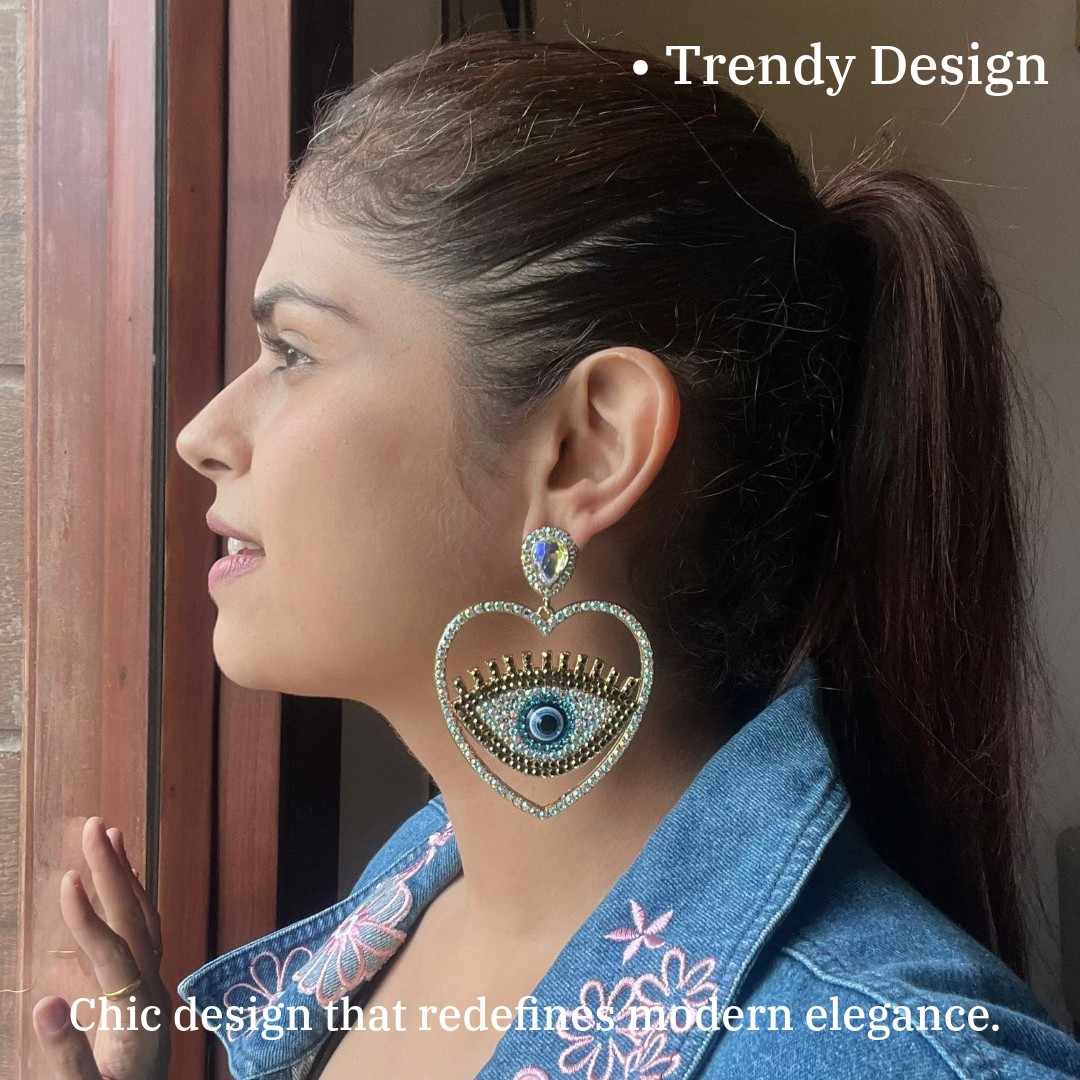 Crystal Heart Evil Eye Earrings, Silver-Plated, Blue Eyes Statement Dangle Earrings for Women, Anti Tarnish, Water Resistant, Lightweight, Gift Packaged