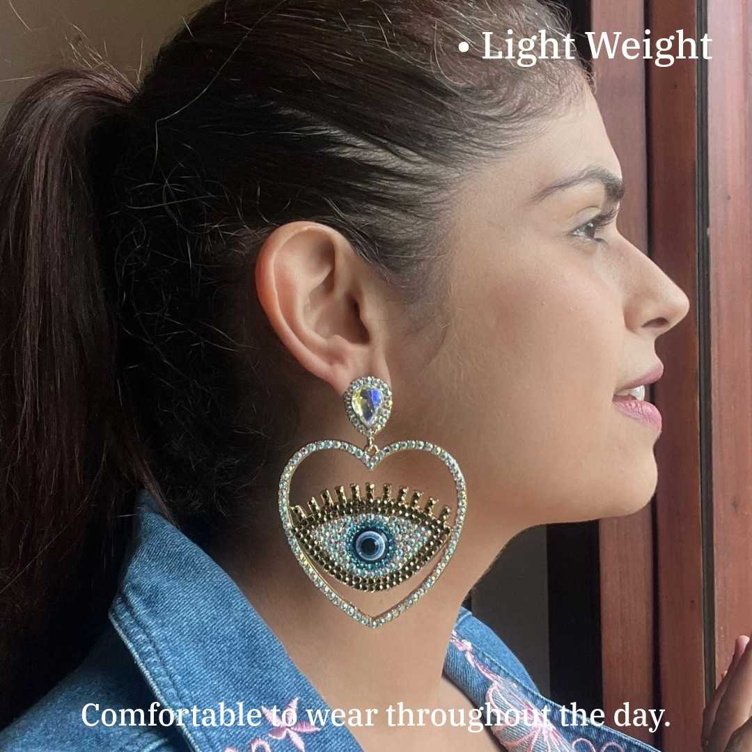 Crystal Heart Evil Eye Earrings, Silver-Plated, Blue Eyes Statement Dangle Earrings for Women, Anti Tarnish, Water Resistant, Lightweight, Gift Packaged