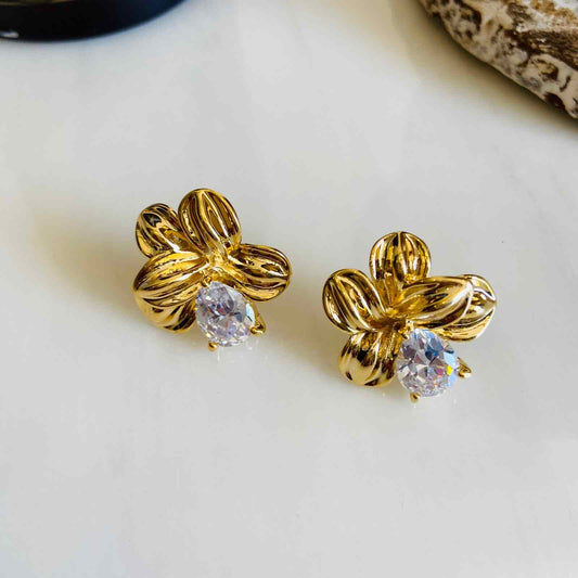 Earrings Diamond Studded Flowers - Gold Plated - Premium Collection Fashion Jewellery August - September 2022 Western Jewellery