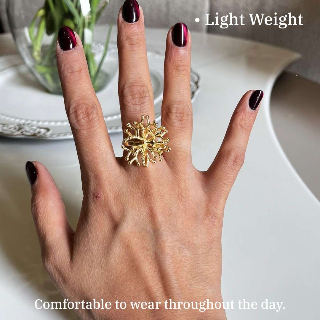 Elegant Gold-Plated Starburst Statement Ring for Women, Adjustable, Snowflake Design, Anti Tarnish, Water Resistant, Lightweight, Gift Packaged