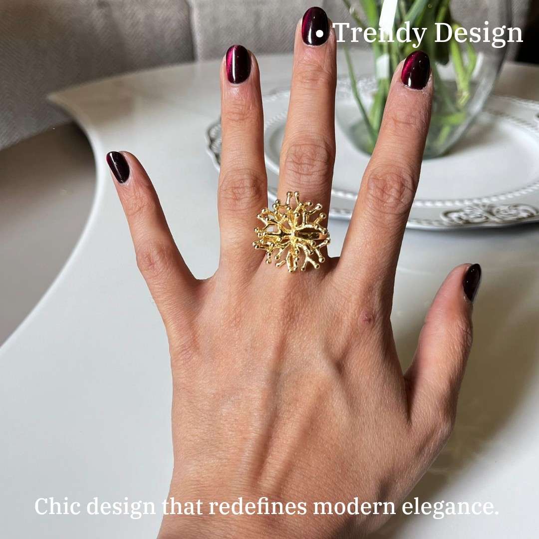 Elegant Gold-Plated Starburst Statement Ring for Women, Adjustable, Snowflake Design, Anti Tarnish, Water Resistant, Lightweight, Gift Packaged