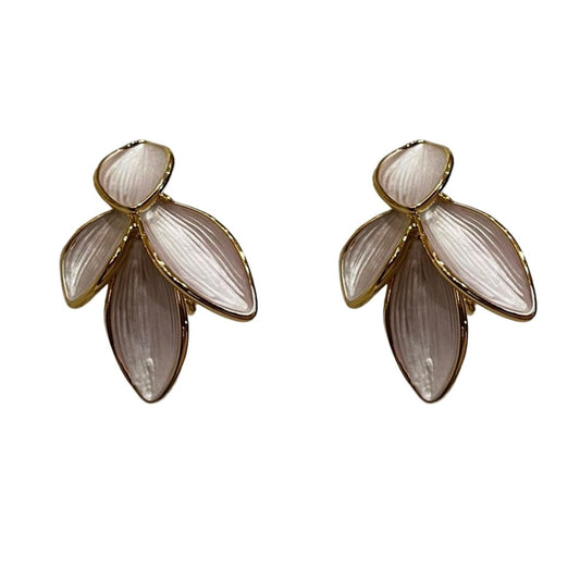 Elegant Leaf Design Stud Earrings, Gold-Plated with Pearl White Enamel, White Earrings, Anti Tarnish, Water Resistant, Lightweight, Gift Packaged
