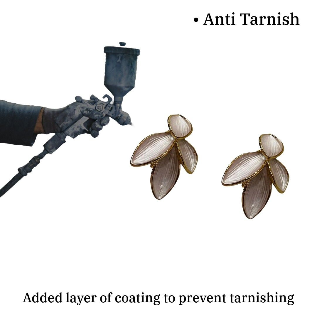 Elegant Leaf Design Stud Earrings, Gold-Plated with Pearl White Enamel, White Earrings, Anti Tarnish, Water Resistant, Lightweight, Gift Packaged