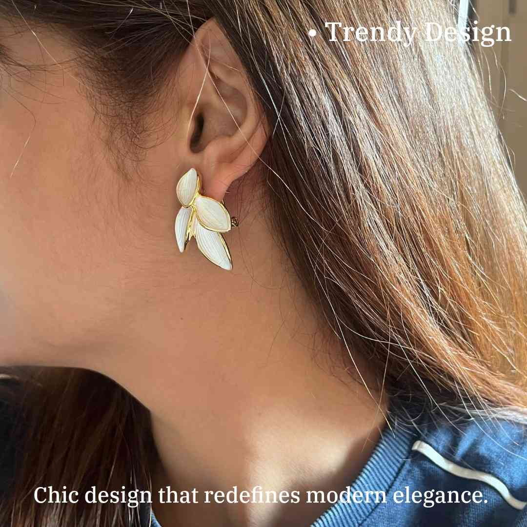 Elegant Leaf Design Stud Earrings, Gold-Plated with Pearl White Enamel, White Earrings, Anti Tarnish, Water Resistant, Lightweight, Gift Packaged