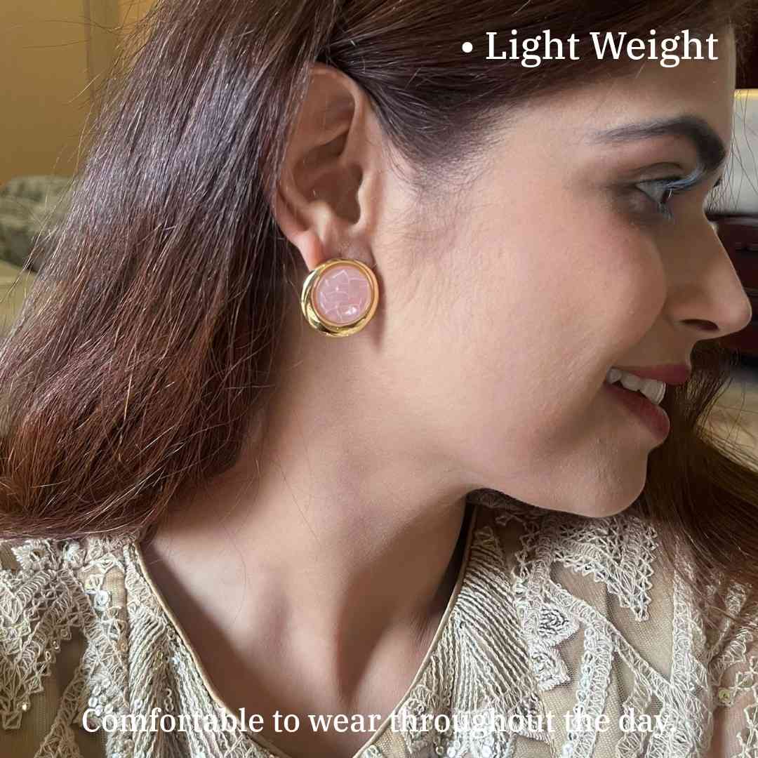 Elegant Round Pink Stud Earrings For Women, Gold Plated, Women's Fashion Jewelry, Anti Tarnish, Water Resistant, Lightweight, Gift Packaged
