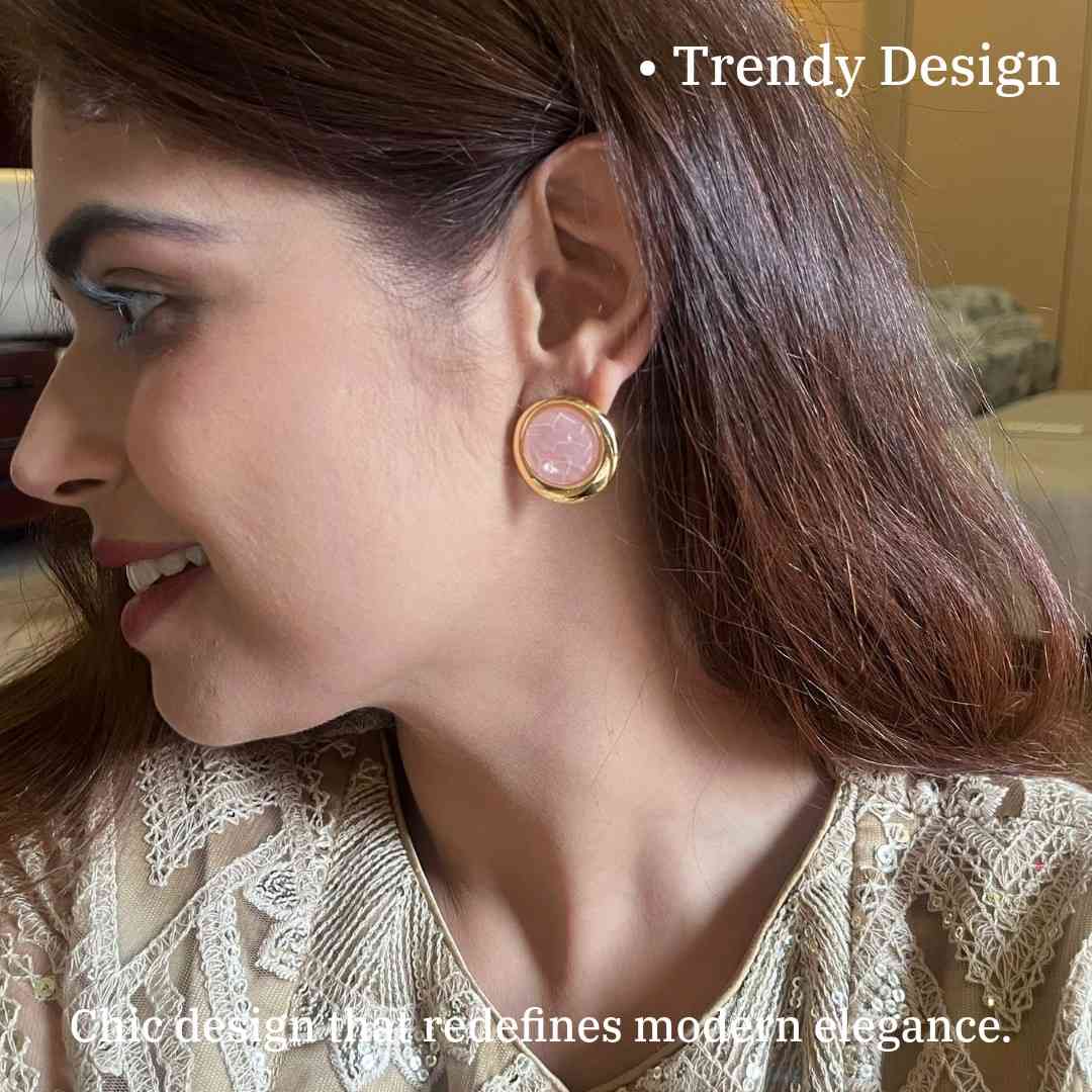 Elegant Round Pink Stud Earrings For Women, Gold Plated, Women's Fashion Jewelry, Anti Tarnish, Water Resistant, Lightweight, Gift Packaged