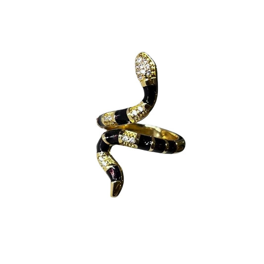 Elegant Snake Spiral Ring, Gold and Black Enamel Design with Crystal Accents, Anti Tarnish, Water Resistant, Lightweight, Gift Packaged