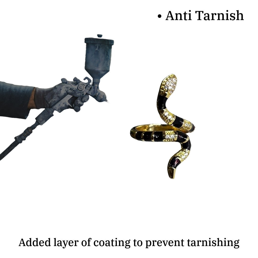 Elegant Snake Spiral Ring, Gold and Black Enamel Design with Crystal Accents, Anti Tarnish, Water Resistant, Lightweight, Gift Packaged