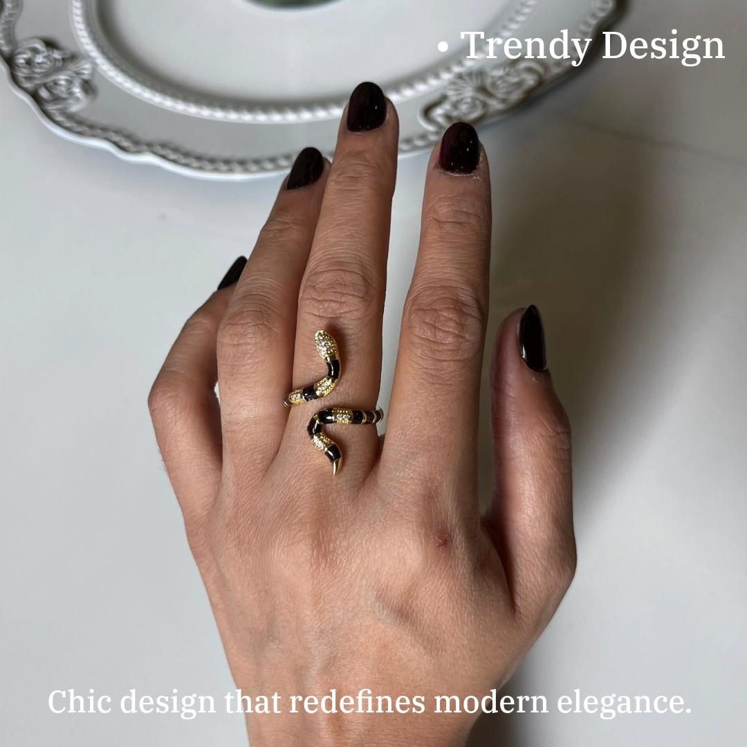 Elegant Snake Spiral Ring, Gold and Black Enamel Design with Crystal Accents, Anti Tarnish, Water Resistant, Lightweight, Gift Packaged
