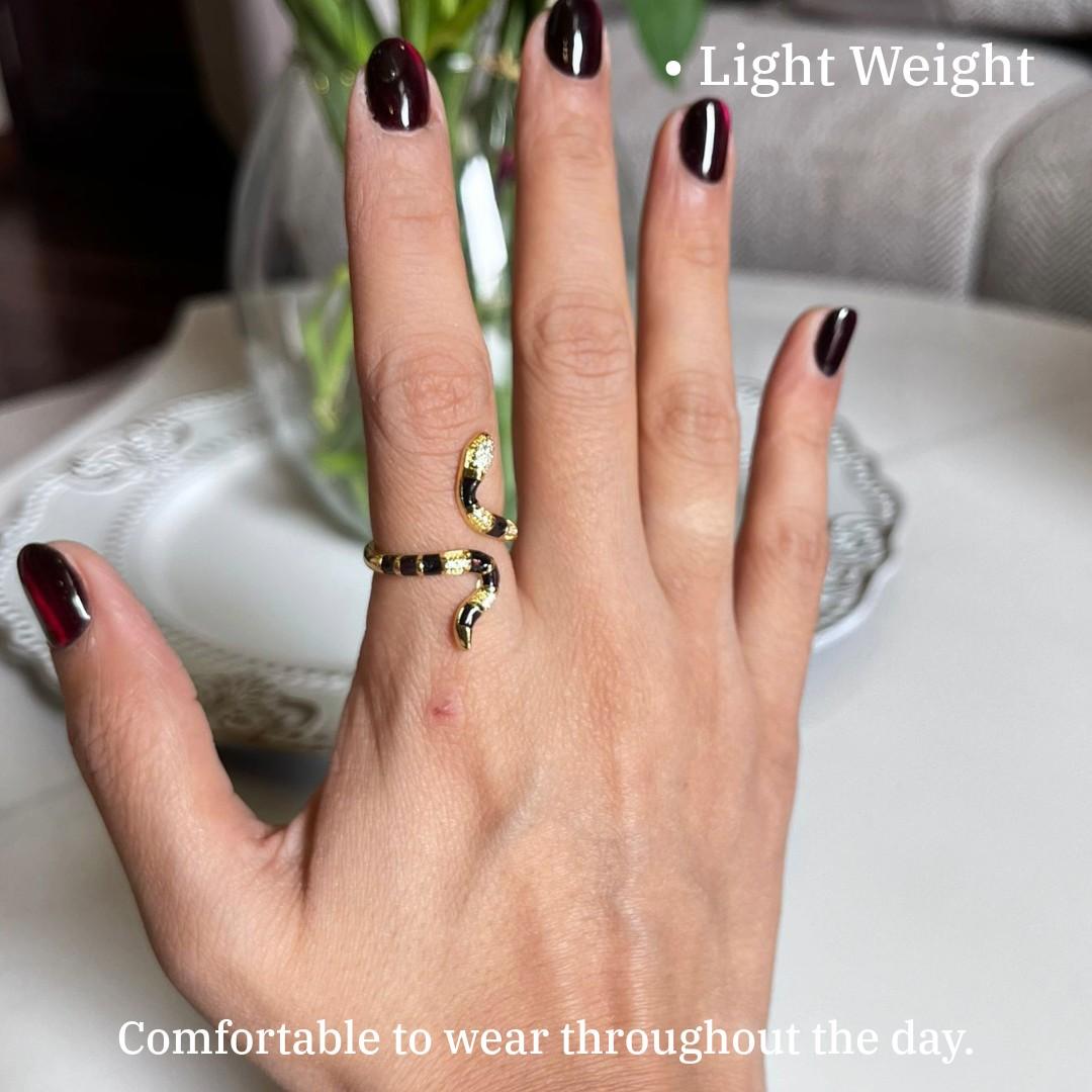 Elegant Snake Spiral Ring, Gold and Black Enamel Design with Crystal Accents, Anti Tarnish, Water Resistant, Lightweight, Gift Packaged