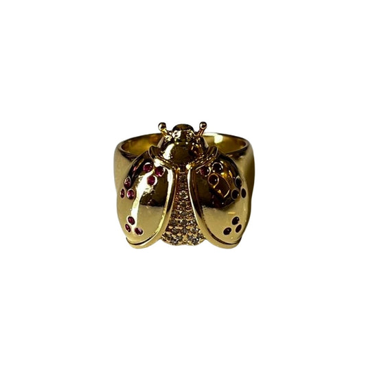 Elegant Women's Ring, Gold Plated Bee Design with Crystal and Ruby Accents, Anti Tarnish, Water Resistant, Lightweight, Gift Packaged
