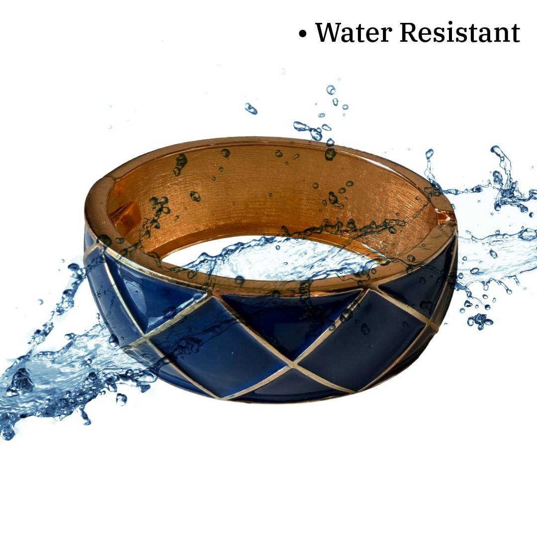 Enamel Bangle Bracelet for Women, Blue and Gold Geometric Pattern, 7.0 cm, Hinged Cuff Style, Anti Tarnish, Water Resistant, Lightweight, Gift Packaged