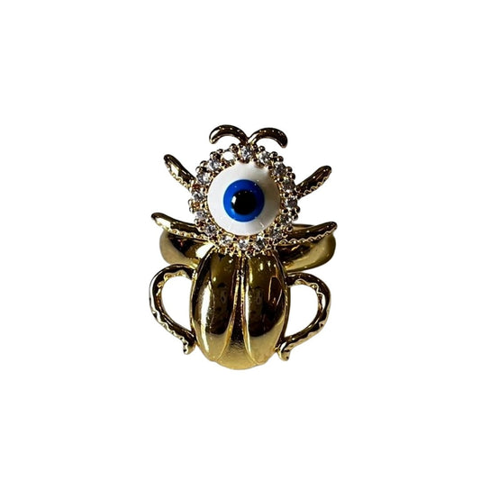 Evil Eye Beetle Ring, Gold-Plated Crystal Embellished Statement Ring for Women, Blue Eye Design, Anti Tarnish, Water Resistant, Lightweight, Gift Packaged