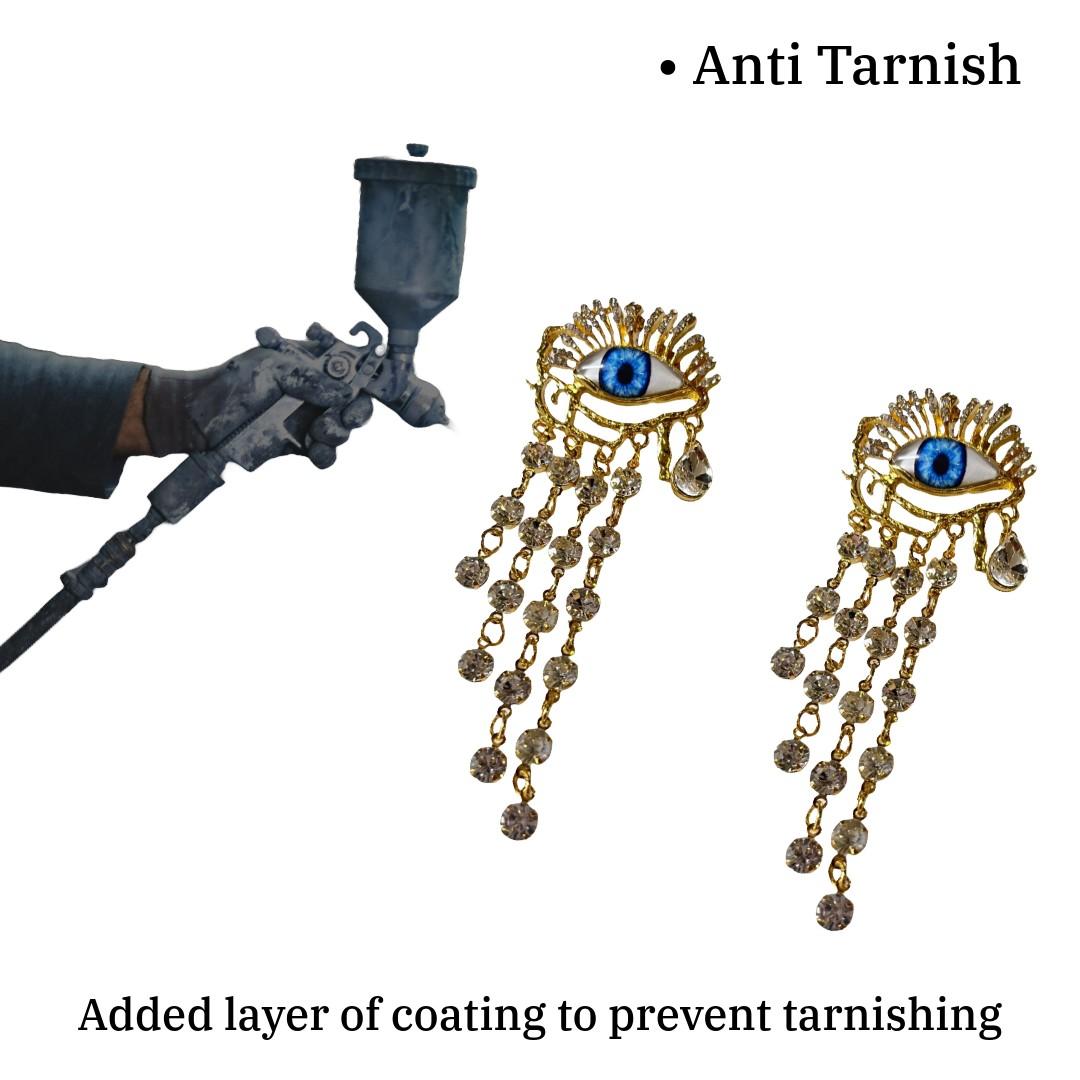 Evil Eye Crystal Dangle Earrings For Women, Gold-Plated, Blue Glass Eye Tassels, Anti Tarnish, Water Resistant, Lightweight, Gift Packaged