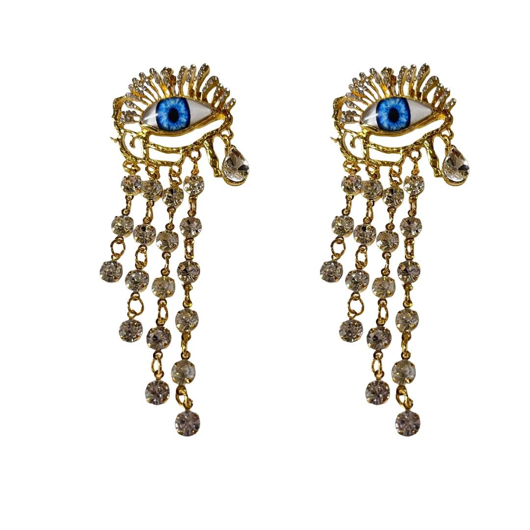 Evil Eye Crystal Dangle Earrings For Women, Gold-Plated, Blue Glass Eye Tassels, Anti Tarnish, Water Resistant, Lightweight, Gift Packaged