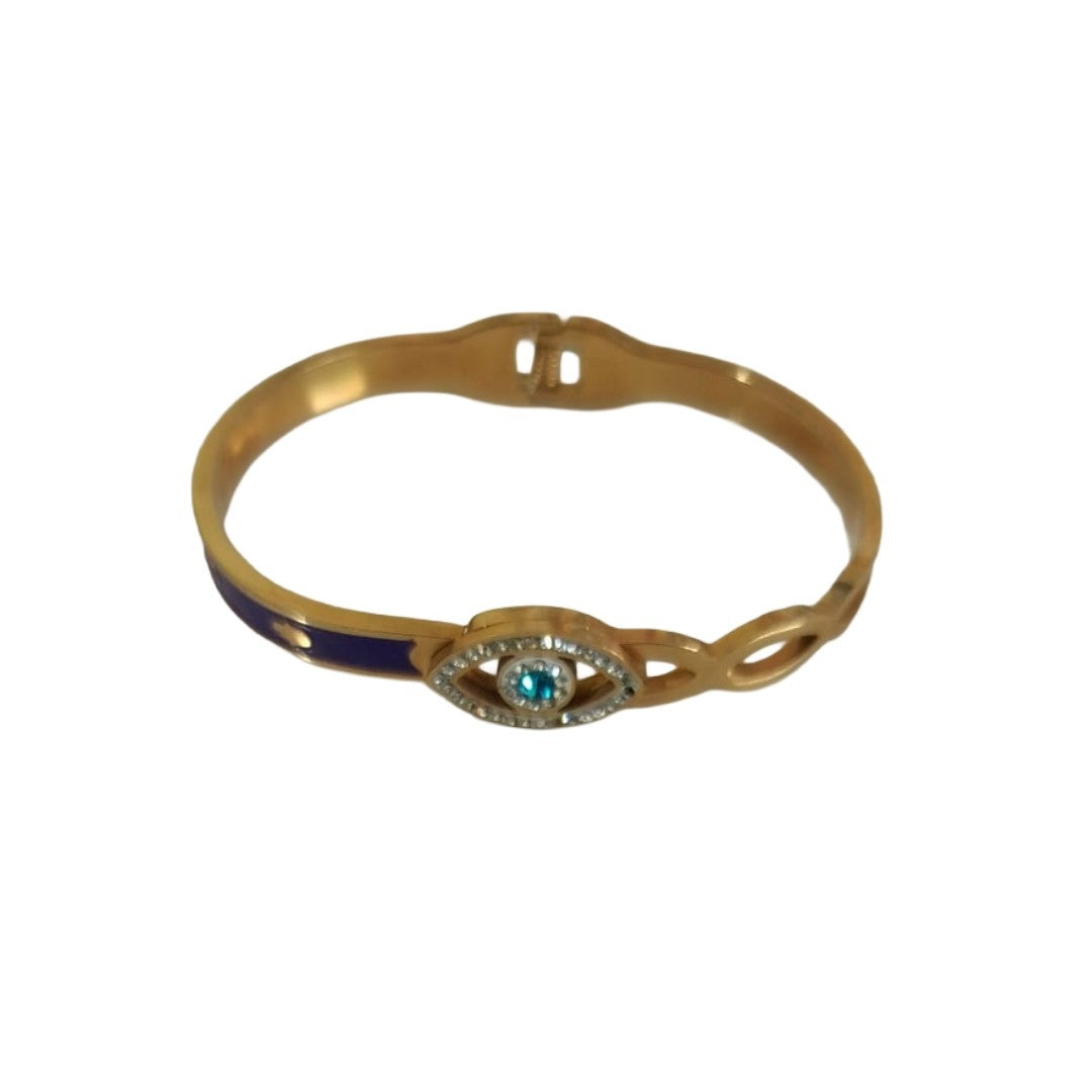 Evil Eye Gold Bangle Bracelet, Blue Crystal Charm, Hinged Clasp, 6 cm, Protection Jewelry, Anti Tarnish, Water Resistant, Lightweight, Gift Packaged
