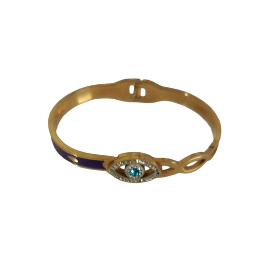 Evil Eye Gold Bangle Bracelet, Blue Crystal Charm, Hinged Clasp, 6 cm, Protection Jewelry, Anti Tarnish, Water Resistant, Lightweight, Gift Packaged