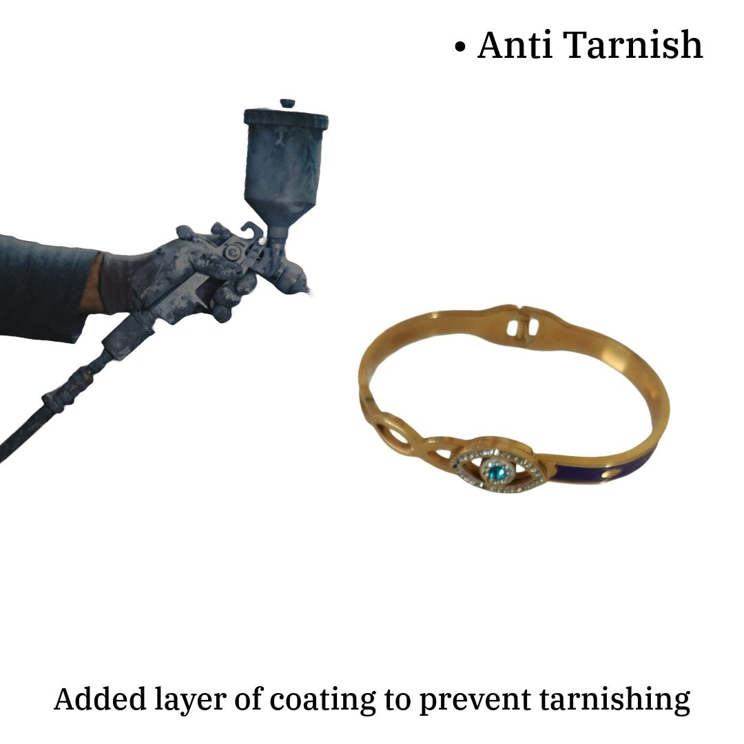 Evil Eye Gold Bangle Bracelet, Blue Crystal Charm, Hinged Clasp, 6 cm, Protection Jewelry, Anti Tarnish, Water Resistant, Lightweight, Gift Packaged