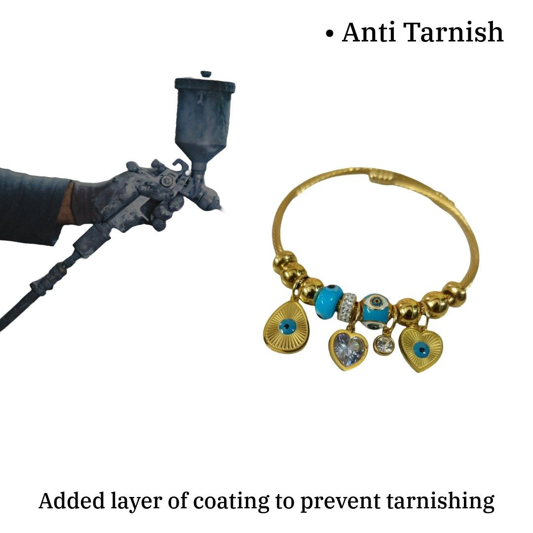 Evil Eye Gold Bracelet, Charm Bangle with Turquoise Beads, Heart Pendant, Adjustable, Anti Tarnish, Water Resistant, Lightweight