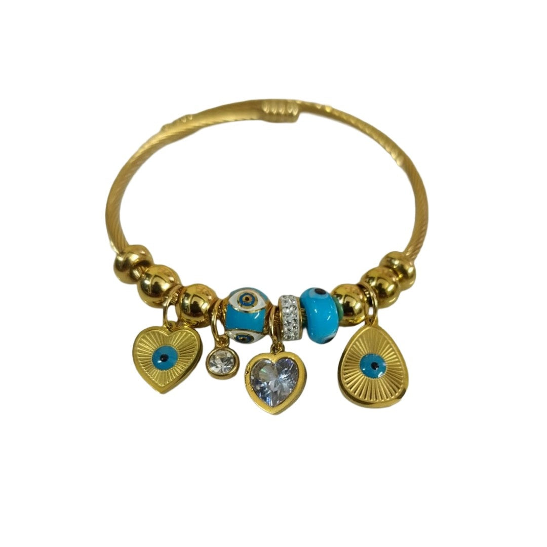 Evil Eye Gold Bracelet, Charm Bangle with Turquoise Beads, Heart Pendant, Adjustable, Anti Tarnish, Water Resistant, Lightweight