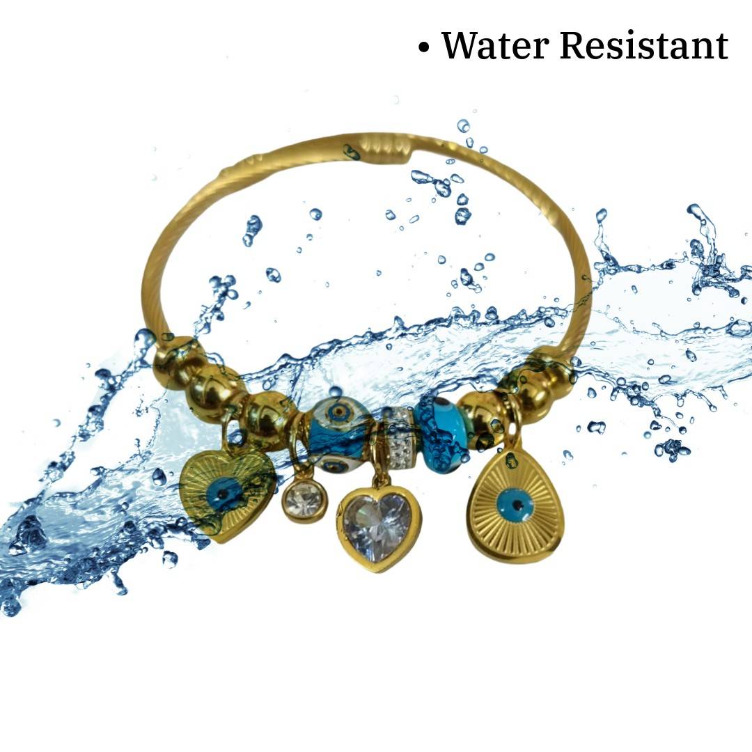 Evil Eye Gold Bracelet, Charm Bangle with Turquoise Beads, Heart Pendant, Adjustable, Anti Tarnish, Water Resistant, Lightweight