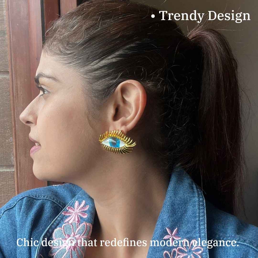 Evil Eye Shaped Brooch Earrings For Women, 3 cm, Gold-Plated with Blue Crystal, Fashion Earrings, Anti Tarnish, Water Resistant, Lightweight, Gift Packaged