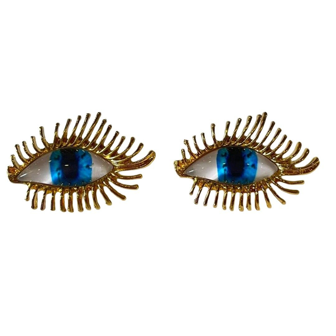 Evil Eye Shaped Brooch Earrings For Women, 3 cm, Gold-Plated with Blue Crystal, Fashion Earrings, Anti Tarnish, Water Resistant, Lightweight, Gift Packaged