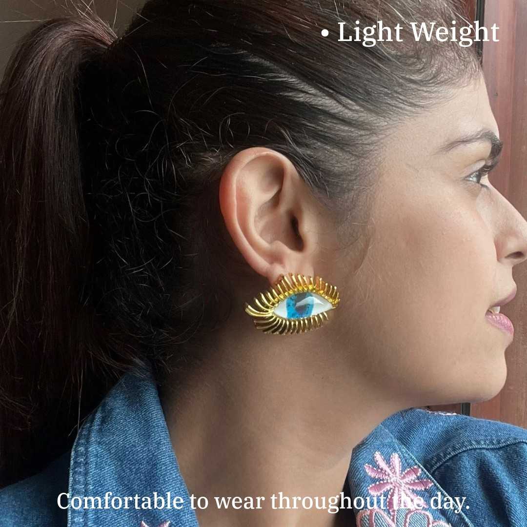 Evil Eye Shaped Brooch Earrings For Women, 3 cm, Gold-Plated with Blue Crystal, Fashion Earrings, Anti Tarnish, Water Resistant, Lightweight, Gift Packaged