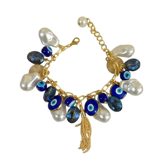 Evil Eye Bracelet With Lots Of Charms And Pearls | Anti-Tarnish | Water Resistant | Gift Box Packing