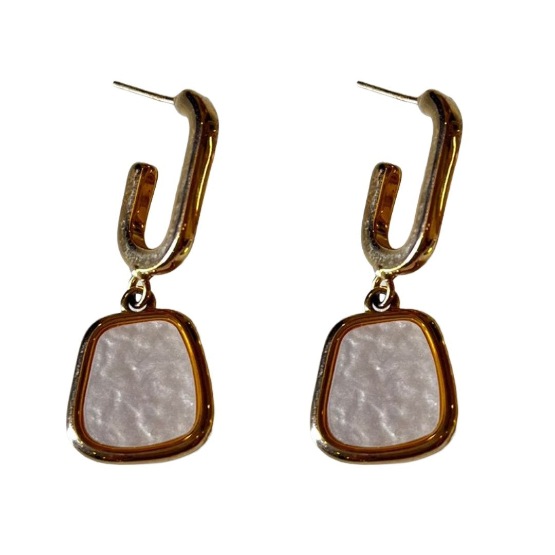 Geometric Drop Earrings, Gold Plated with White Stone, 3.3 cm, Stud Style, Fashion Jewelry for Women, Anti Tarnish, Water Resistant, Lightweight