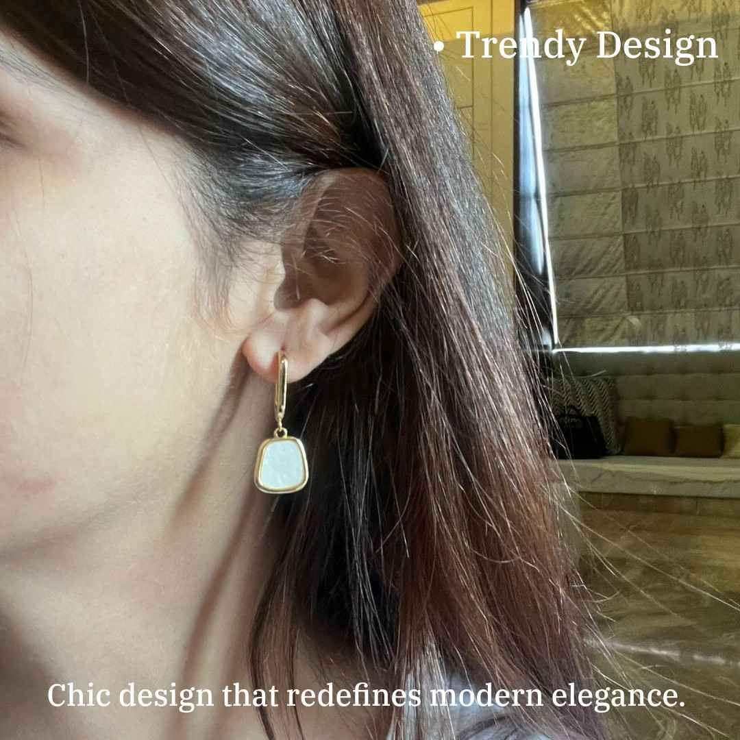 Geometric Drop Earrings, Gold Plated with White Stone, 3.3 cm, Stud Style, Fashion Jewelry for Women, Anti Tarnish, Water Resistant, Lightweight