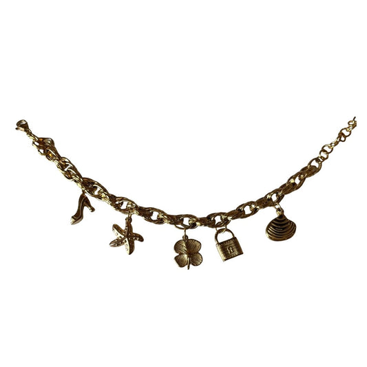 Gold-Plated Charm Bracelet for Women, Chain Link with Starfish, Shell, Lock, Flower Charms, Anti Tarnish, Water Resistant, Gift Packaged