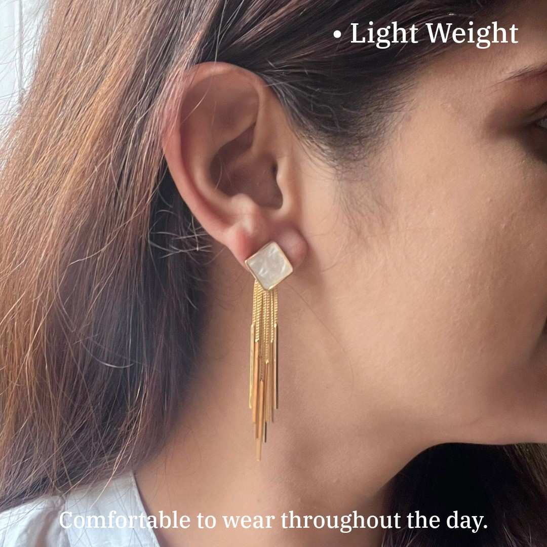 Gold-Plated Tassel Earrings with Pearl Square, 6 cm, Long Fringe Design, Anti Tarnish, Water Resistant, Lightweight, Gift Packaged