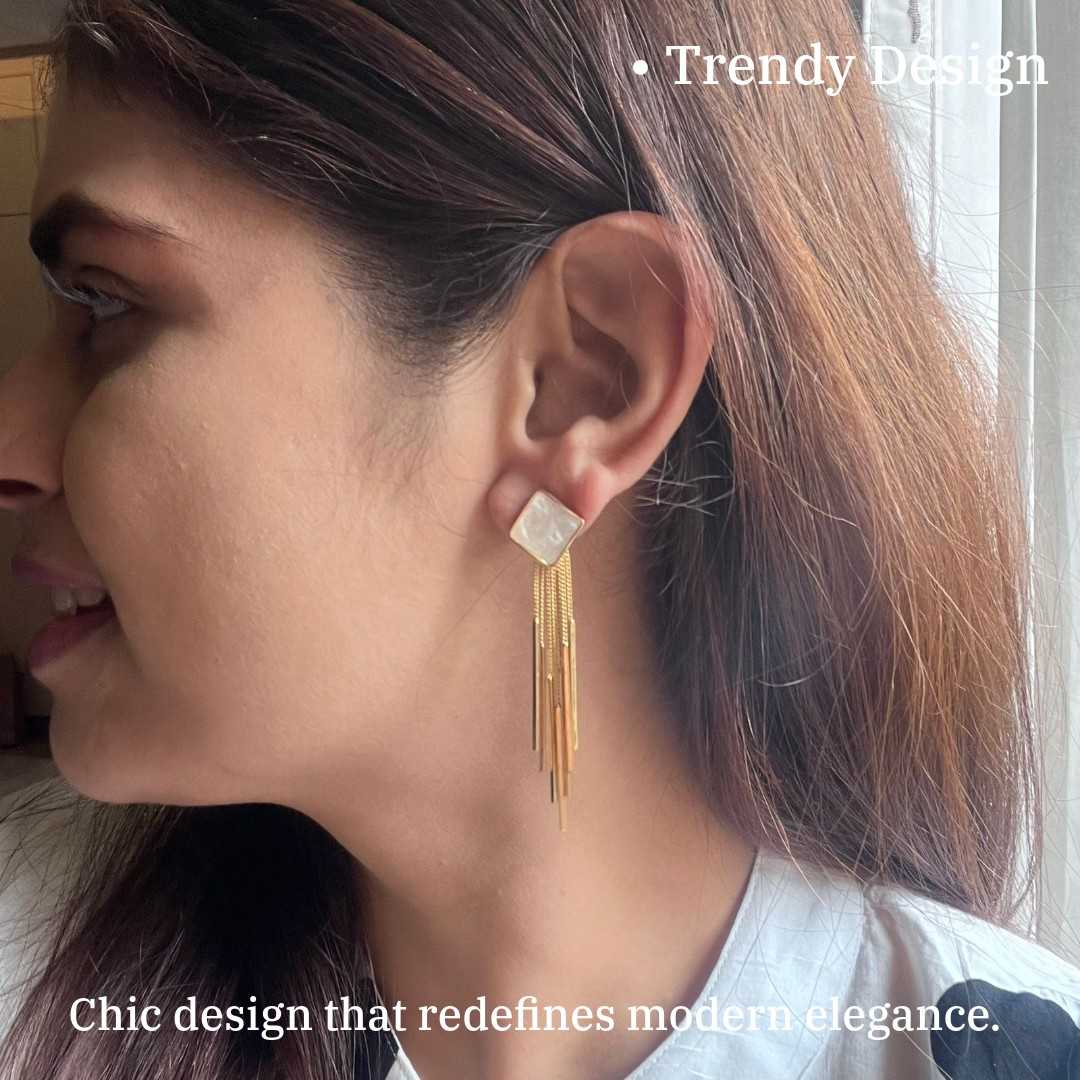 Gold-Plated Tassel Earrings with Pearl Square, 6 cm, Long Fringe Design, Anti Tarnish, Water Resistant, Lightweight, Gift Packaged