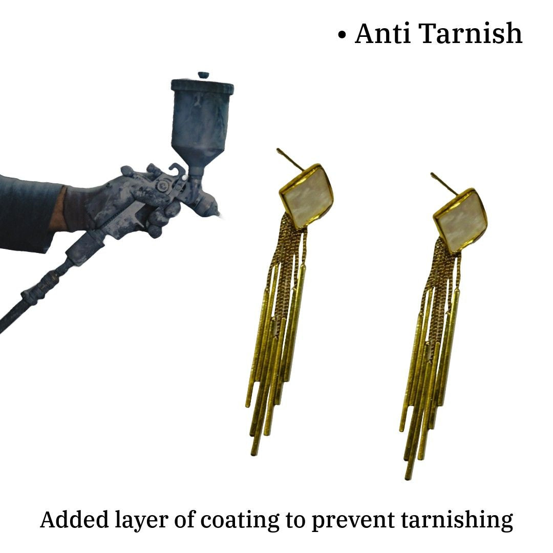 Gold-Plated Tassel Earrings with Pearl Square, 6 cm, Long Fringe Design, Anti Tarnish, Water Resistant, Lightweight, Gift Packaged