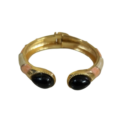 Gold Bangle Bracelet, Hinged Cuff with Black Onyx Stones, Adjustable, Anti Tarnish, Water Resistant, Lightweight, Gift Packaged