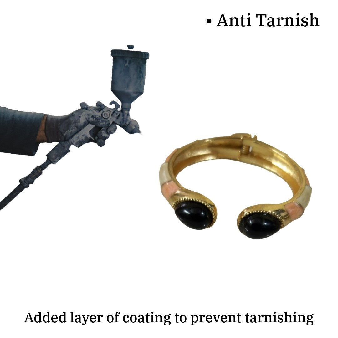 Gold Bangle Bracelet, Hinged Cuff with Black Onyx Stones, Adjustable, Anti Tarnish, Water Resistant, Lightweight, Gift Packaged