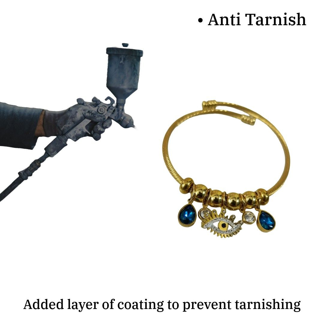 Gold Charm Bracelet with Evil Eye, Blue Crystal Drops, Adjustable Wire Bangle, Anti Tarnish, Water Resistant, Lightweight, Gift Packaged