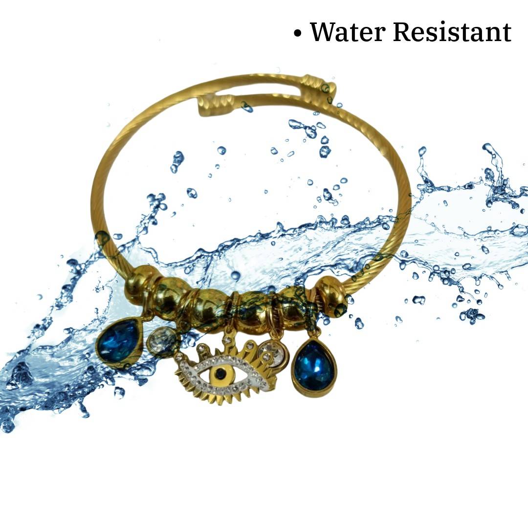 Gold Charm Bracelet with Evil Eye, Blue Crystal Drops, Adjustable Wire Bangle, Anti Tarnish, Water Resistant, Lightweight, Gift Packaged
