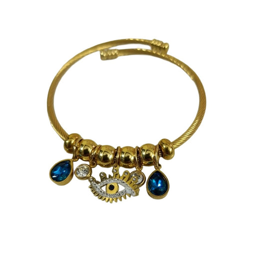 Gold Charm Bracelet with Evil Eye, Blue Crystal Drops, Adjustable Wire Bangle, Anti Tarnish, Water Resistant, Lightweight, Gift Packaged
