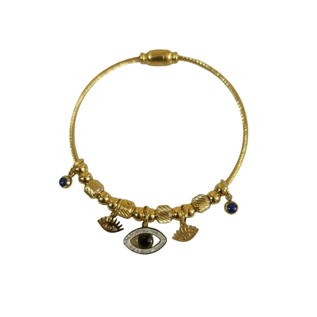 Gold Charm Bracelet with Evil Eye, Eyelash, 6.5 cm, Twisted Cable Design, Magnetic Clasp, Anti Tarnish, Water Resistant, Lightweight, Gift Packaged