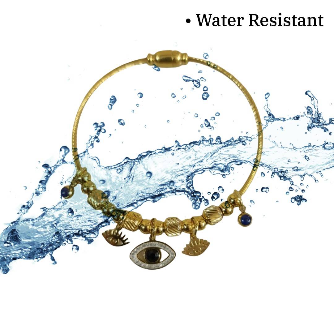 Gold Charm Bracelet with Evil Eye, Eyelash, 6.5 cm, Twisted Cable Design, Magnetic Clasp, Anti Tarnish, Water Resistant, Lightweight, Gift Packaged