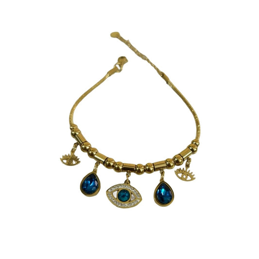 Gold Evil Eye Adjustable Bracelet with Blue Crystal Charms, Beaded Chain, Protection Jewelry, Anti Tarnish, Water Resistant, Lightweight, Gift Packaged