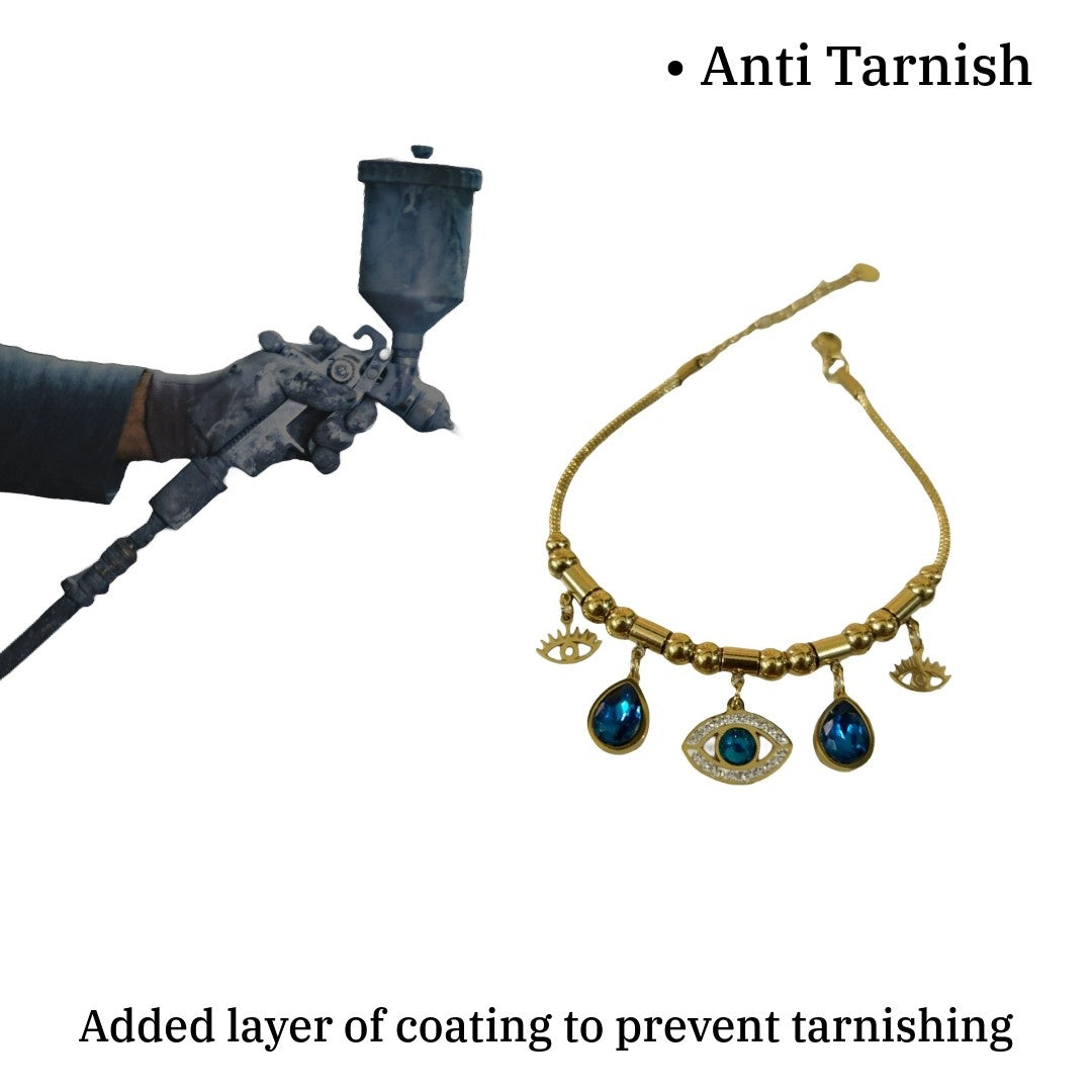 Gold Evil Eye Adjustable Bracelet with Blue Crystal Charms, Beaded Chain, Protection Jewelry, Anti Tarnish, Water Resistant, Lightweight, Gift Packaged