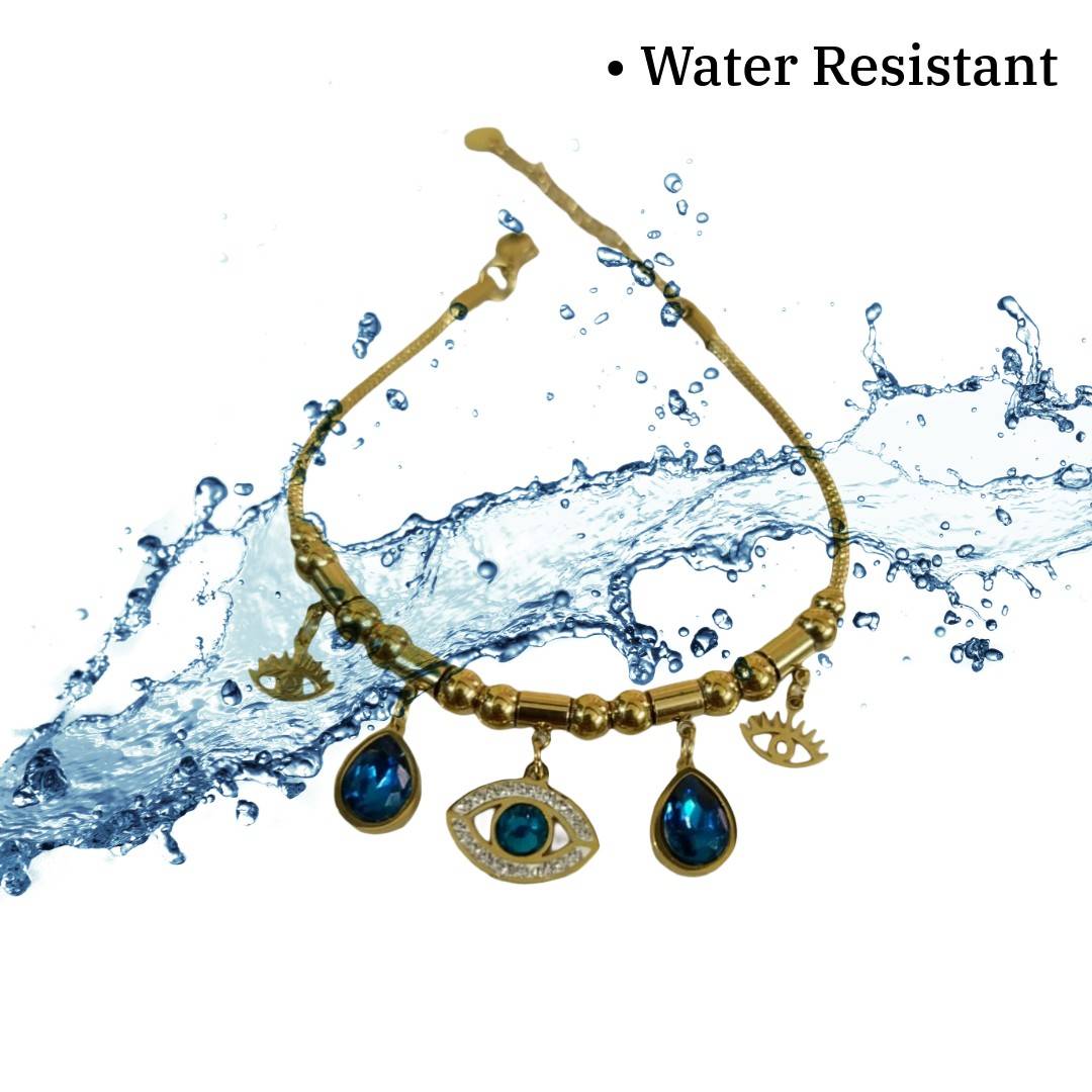 Gold Evil Eye Adjustable Bracelet with Blue Crystal Charms, Beaded Chain, Protection Jewelry, Anti Tarnish, Water Resistant, Lightweight, Gift Packaged