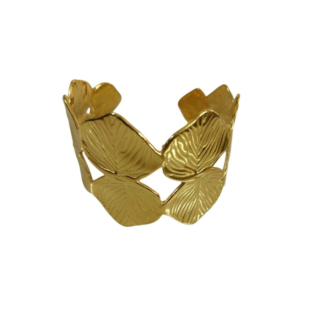 Gold Leaf Design Cuff Bracelet, Metal, Statement Jewelry, Adjustable Open Band, Anti Tarnish, Water Resistant, Lightweight, Gift Packaged