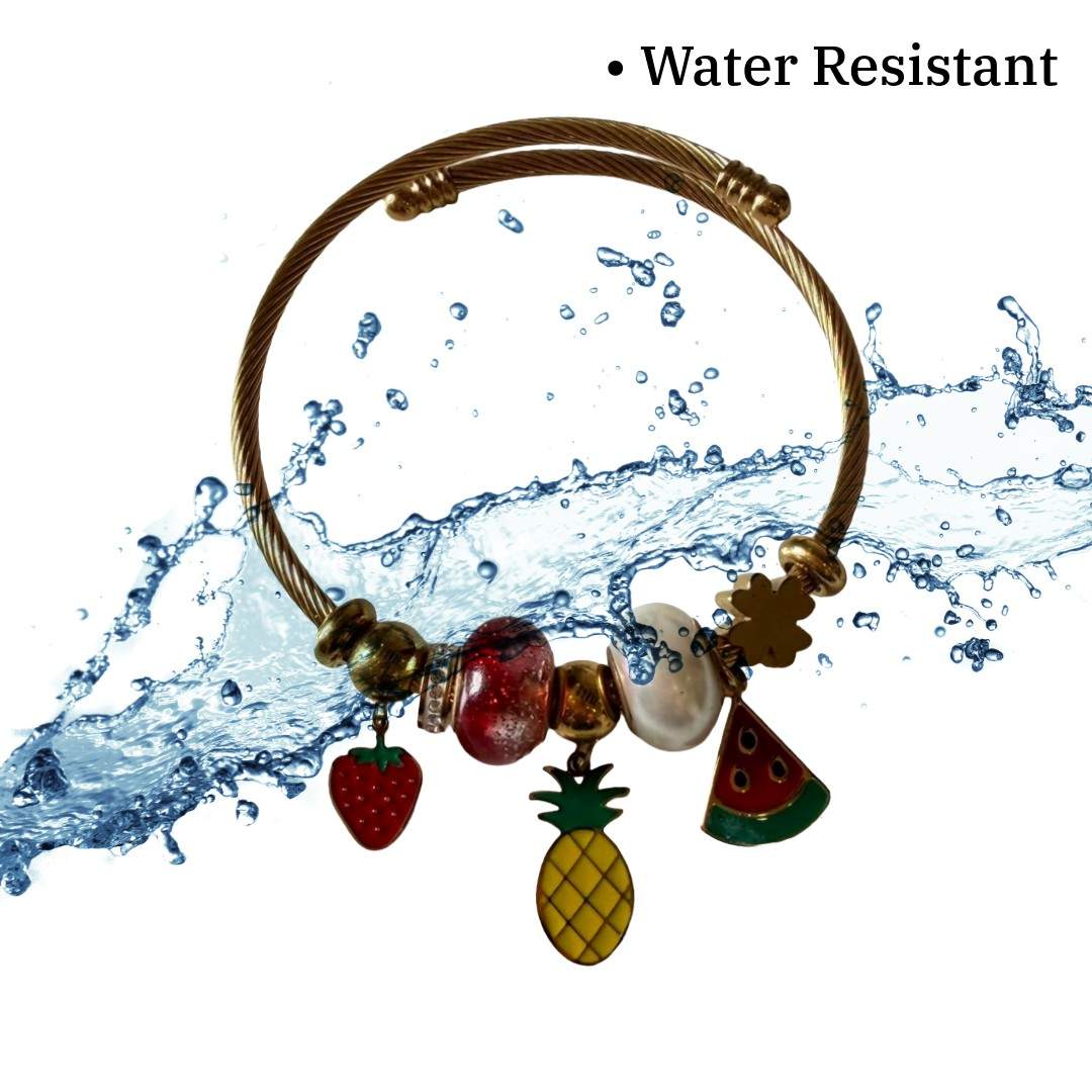 Gold Plated Cable Bracelet with Fruit Charms, Strawberry Pineapple Watermelon Beaded Bangle, Anti Tarnish, Water Resistant, Lightweight