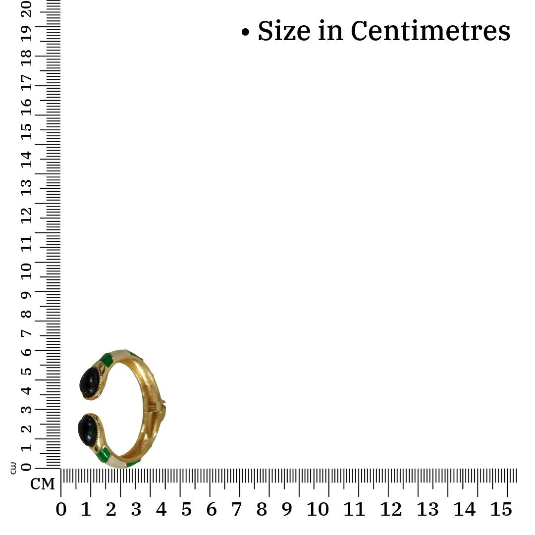 Gold Plated Cuff Bracelet with Black Oval Stones, Green Enamel Accents, Hinged Open Design, Anti Tarnish, Water Resistant, Lightweight